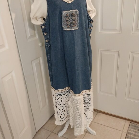 3645 Size 1XL Upcycled Denim Jumper by Sunshine Apparel with Lace Trim. - Picture 3 of 15